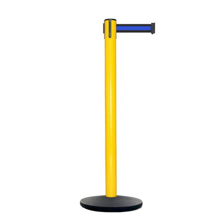 Retractable Belt Barrier Stanchion, Yellow Post, Cast Iron Base, 13 Ft. Belt - Montour Line MSI630
