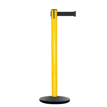Retractable Belt Barrier Stanchion, Yellow Post, Cast Iron Base, 7.5 Ft. Belt - Montour Line MI630