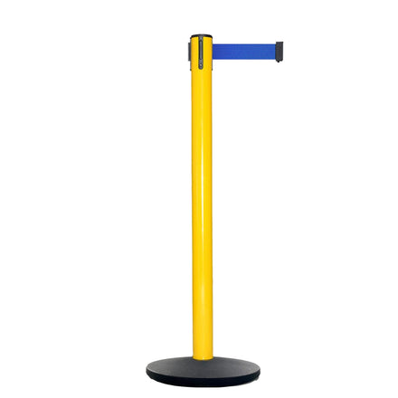 Safety Retractable Belt Barrier Stanchion, Yellow Post with Heavy Duty Cast Iron Base, 16 ft Belt – Montour Line MI650