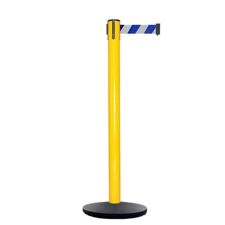 Retractable Belt Barrier Stanchion, Yellow Post, Cast Iron Base, 7.5 Ft. Belt - Montour Line MI630