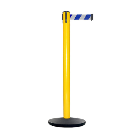 Retractable Belt Barrier Stanchion, Yellow Post, Cast Iron Base, 13 Ft. Belt - Montour Line MSI630