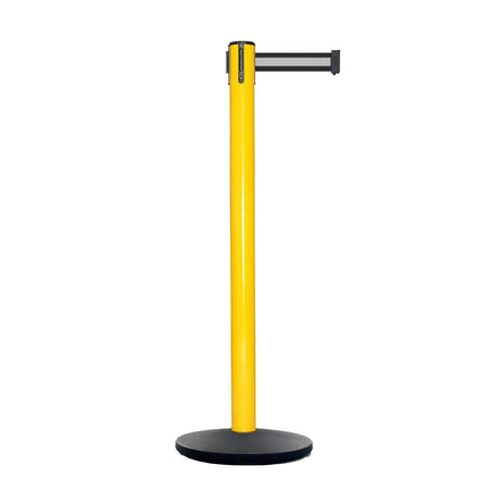 Retractable Belt Barrier Stanchion, Yellow Post, Cast Iron Base, 13 Ft. Belt - Montour Line MSI630