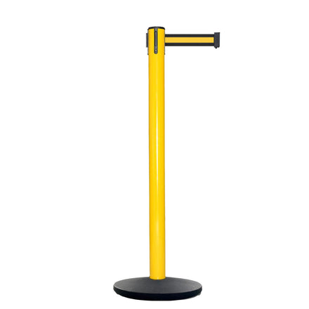 Retractable Belt Barrier Stanchion, Yellow Post, Cast Iron Base, 7.5 Ft. Belt - Montour Line MI630