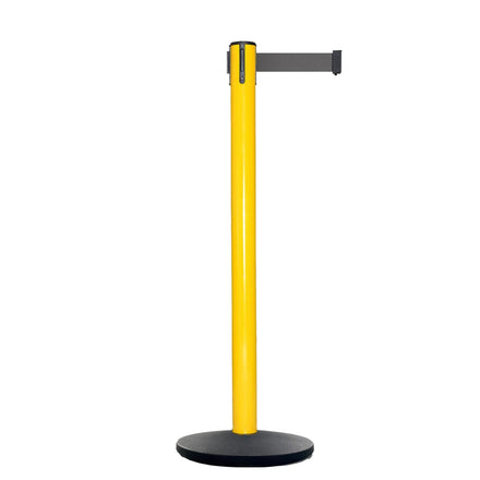 Retractable Belt Barrier Stanchion, Yellow Post, Cast Iron Base, 13 Ft. Belt - Montour Line MSI630