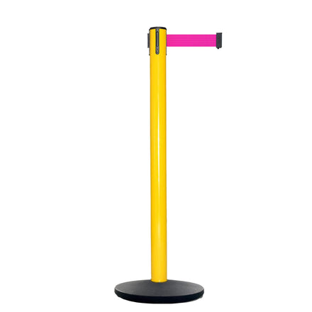 Retractable Belt Barrier Stanchion, Yellow Post, Cast Iron Base, 7.5 Ft. Belt - Montour Line MI630