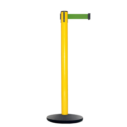 Retractable Belt Barrier Stanchion, Yellow Post, Cast Iron Base, 7.5 Ft. Belt - Montour Line MI630