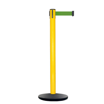 Retractable Belt Barrier Stanchion, Yellow Post, Cast Iron Base, 13 Ft. Belt - Montour Line MSI630