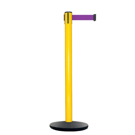 Retractable Belt Barrier Stanchion, Yellow Post, Cast Iron Base, 7.5 Ft. Belt - Montour Line MI630