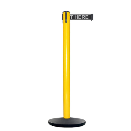 Retractable Belt Barrier Stanchion, Yellow Post, Cast Iron Base, 7.5 Ft. Belt - Montour Line MI630