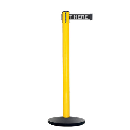 Retractable Belt Barrier Stanchion, Yellow Post, Cast Iron Base, 13 Ft. Belt - Montour Line MSI630