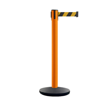 Safety Retractable Belt Barrier Stanchion, Orange Post with Heavy Duty Cast Iron Base, 14 ft Belt – Montour Line MI650