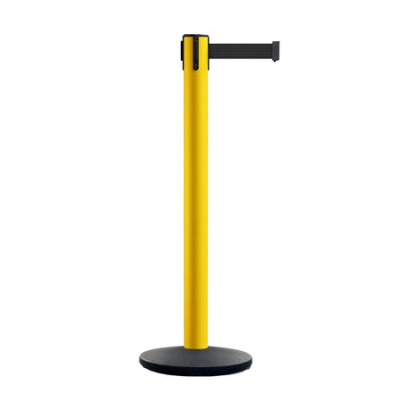 Safety Retractable Belt Barrier Stanchion, Yellow Post with Heavy Duty Cast Iron Base, 16 ft Belt – Montour Line MI650