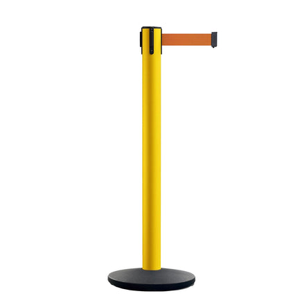 Safety Retractable Belt Barrier Stanchion, Yellow Post with Heavy Duty Cast Iron Base, 16 ft Belt – Montour Line MI650