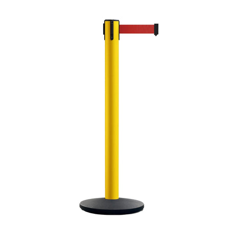Safety Retractable Belt Barrier Stanchion, Yellow Post with Heavy Duty Cast Iron Base, 16 ft Belt – Montour Line MI650