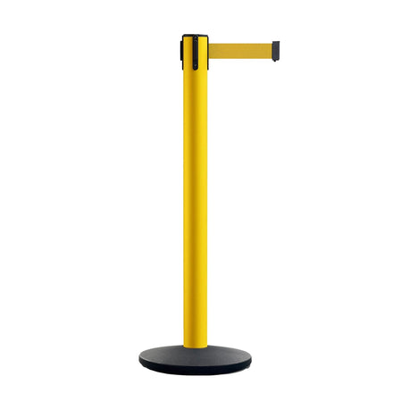 Safety Retractable Belt Barrier Stanchion, Yellow Post with Heavy Duty Cast Iron Base, 14 ft Belt – Montour Line MI650
