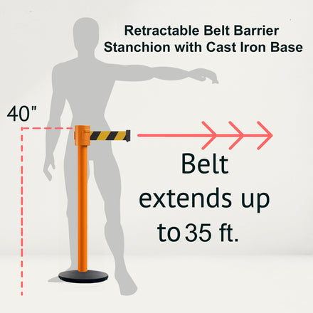 Retractable Belt Barrier Stanchion, Cast Iron Base Base, Orange Post, 35 ft Belt - Montour Line MSI760
