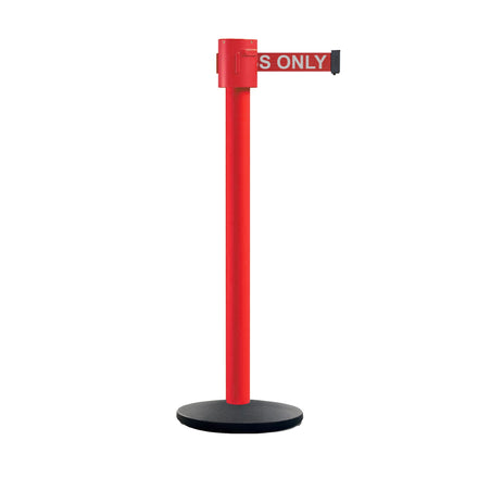 Retractable Belt Barrier Stanchion, Cast Iron Base Base, Red Post, 35 ft Belt - Montour Line MSI760