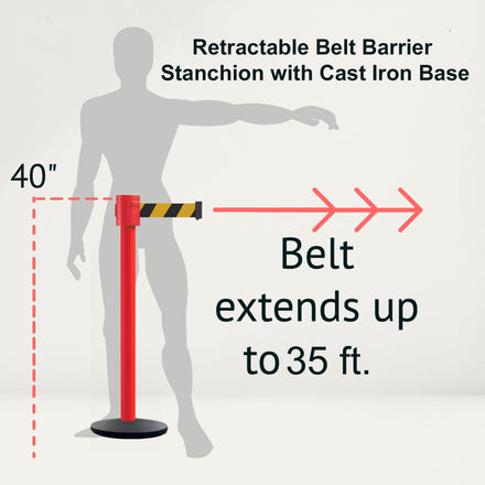 Retractable Belt Barrier Stanchion, Cast Iron Base Base, Red Post, 35 ft Belt - Montour Line MSI760