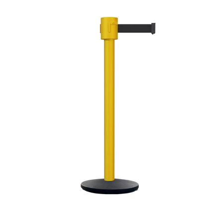 Retractable Belt Barrier Stanchion, Cast Iron Base Base, Yellow Post, 35 ft Belt - Montour Line MSI760