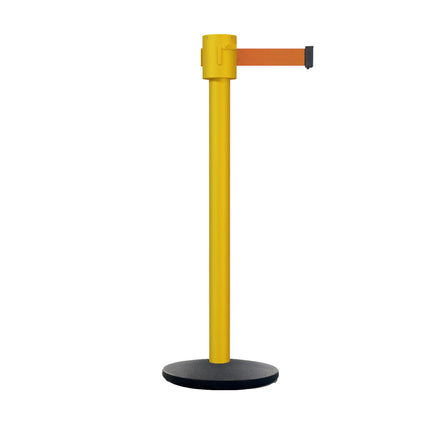 Retractable Belt Barrier Stanchion, Cast Iron Base Base, Yellow Post, 35 ft Belt - Montour Line MSI760