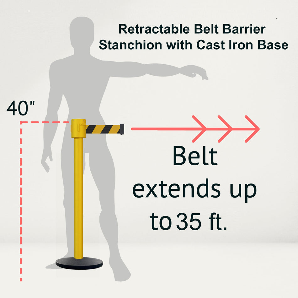 Retractable Belt Barrier Stanchion, Cast Iron Base Base, Yellow Post, 35 ft Belt - Montour Line MSI760