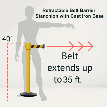 Retractable Belt Barrier Stanchion, Cast Iron Base Base, Yellow Post, 35 ft Belt - Montour Line MSI760