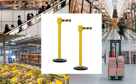 Retractable Belt Barrier Stanchion, Cast Iron Base Base, Yellow Post, 35 ft Belt - Montour Line MSI760