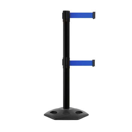 Retractable Dual Belt Barrier Stanchion, Heavy-Duty Rubber Base, 11 ft Belt - Montour Line MSR630D