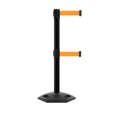 Outdoor Safety Retractable Dual Belt Barrier, Rubber Base, Black Post - Montour Line MSR630D