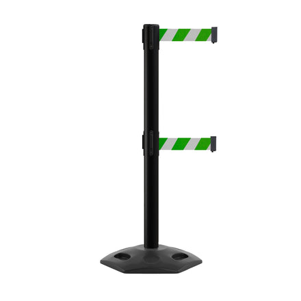 Outdoor Safety Retractable Dual Belt Barrier, Rubber Base, Black Post - Montour Line MSR630D