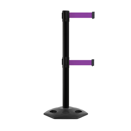 Retractable Dual Belt Barrier Stanchion, Heavy-Duty Rubber Base, 11 ft Belt - Montour Line MSR630D