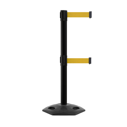 Outdoor Safety Retractable Dual Belt Barrier, Rubber Base, Black Post - Montour Line MSR630D