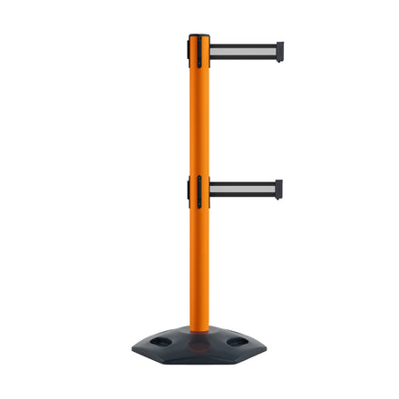 Retractable Dual Belt Barrier Stanchion, Heavy-Duty Rubber Base, 13 ft Belt - Montour Line MSR630D