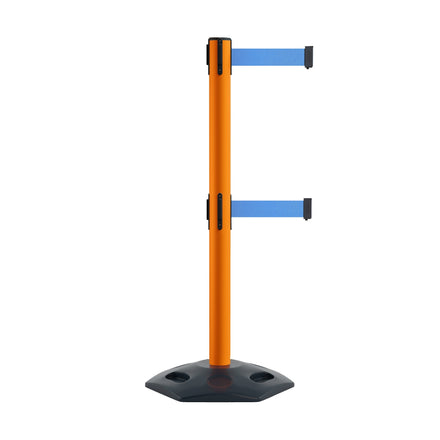 Retractable Dual Belt Barrier Stanchion, Heavy-Duty Rubber Base, 13 ft Belt - Montour Line MSR630D
