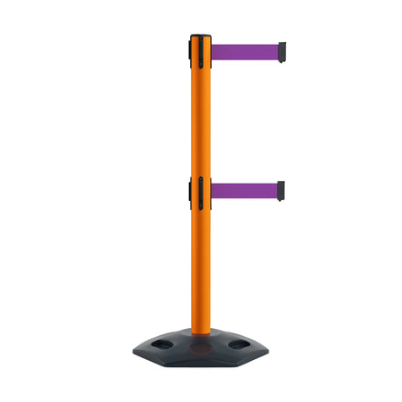 Retractable Dual Belt Barrier Stanchion, Heavy-Duty Rubber Base, 13 ft Belt - Montour Line MSR630D