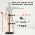 Retractable Dual Belt Barrier Stanchion, Heavy-Duty Rubber Base, 13 ft Belt - Montour Line MSR630D