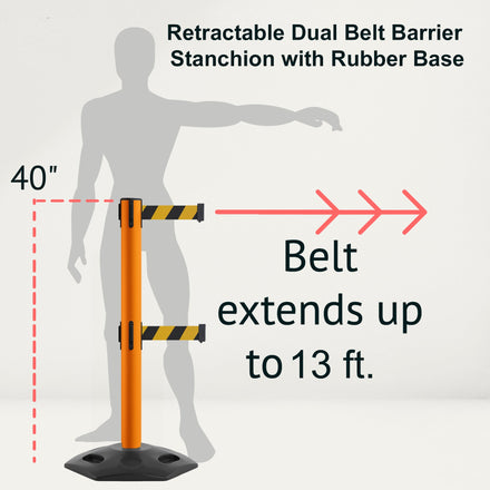 Retractable Dual Belt Barrier Stanchion, Heavy-Duty Rubber Base, 13 ft Belt - Montour Line MSR630D