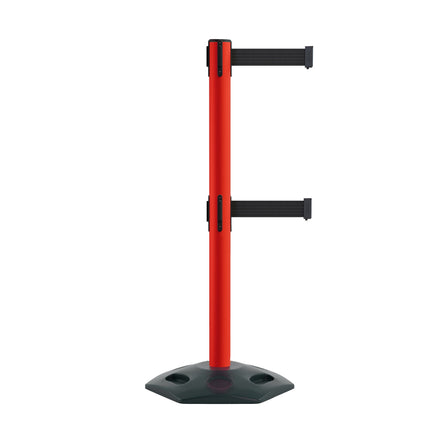 Retractable Dual Belt Barrier Stanchion, Heavy-Duty Rubber Base, 13 ft Belt - Montour Line MSR630D