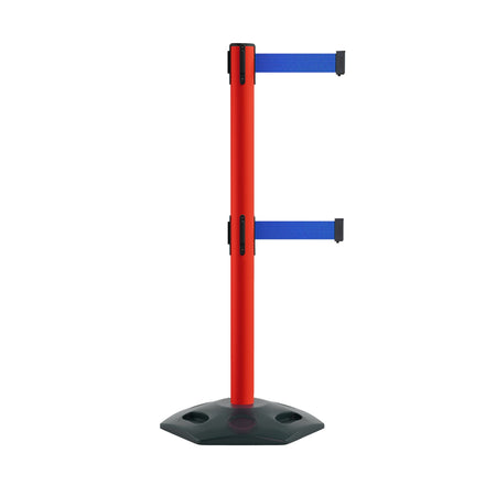 Retractable Dual Belt Barrier Stanchion, Heavy-Duty Rubber Base, 13 ft Belt - Montour Line MSR630D
