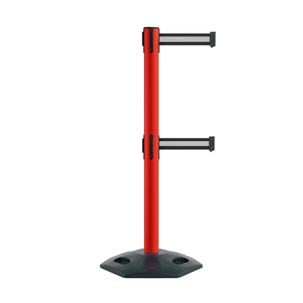 Retractable Dual Belt Barrier Stanchion, Heavy-Duty Rubber Base, 13 ft Belt - Montour Line MSR630D