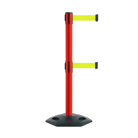 Retractable Dual Belt Barrier Stanchion, Heavy-Duty Rubber Base, 13 ft Belt - Montour Line MSR630D