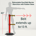 Retractable Dual Belt Barrier Stanchion, Heavy-Duty Rubber Base, 13 ft Belt - Montour Line MSR630D
