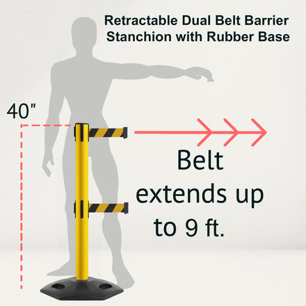 Retractable Dual Belt Barrier Stanchion, Heavy-Duty Rubber Base, 9 ft Belt - Montour Line MSR630D