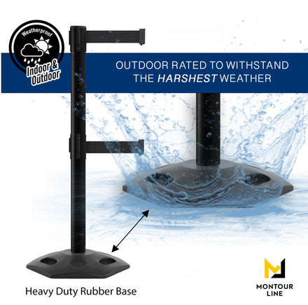 Retractable Dual Belt Barrier Stanchion, Heavy-Duty Rubber Base, 16 ft Belt - Montour Line MSR650D