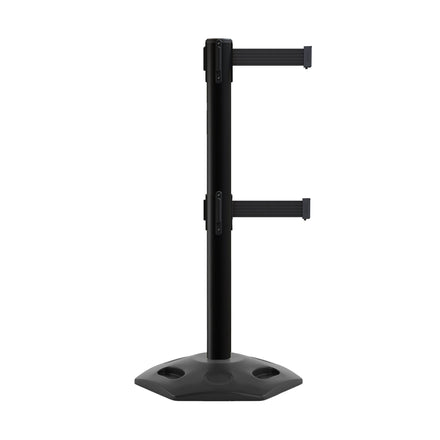 Retractable Dual Belt Barrier Stanchion, Heavy-Duty Rubber Base, 14 ft Belt - Montour Line MSR650D