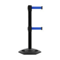 Retractable Dual Belt Barrier Stanchion, Heavy-Duty Rubber Base, 14 ft Belt - Montour Line MSR650D