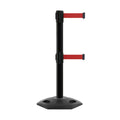 Retractable Dual Belt Barrier Stanchion, Heavy-Duty Rubber Base, 14 ft Belt - Montour Line MSR650D