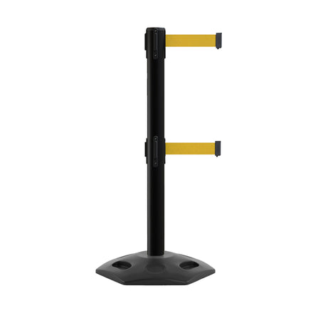 Retractable Dual Belt Barrier Stanchion, Heavy-Duty Rubber Base, 14 ft Belt - Montour Line MSR650D