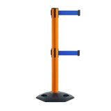 Retractable Dual Belt Barrier Stanchion, Heavy-Duty Rubber Base, 16 ft Belt - Montour Line MSR650D