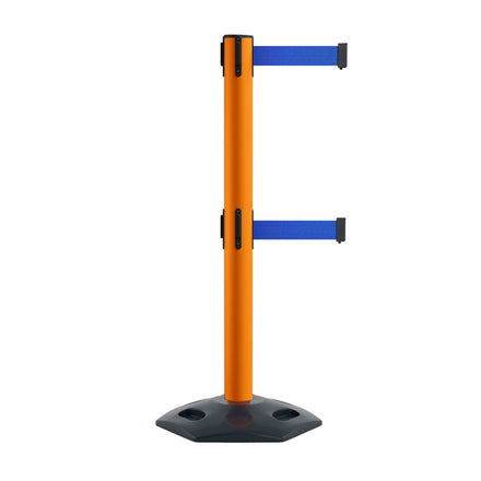 Retractable Dual Belt Barrier Stanchion, Heavy-Duty Rubber Base, 14 ft Belt - Montour Line MSR650D